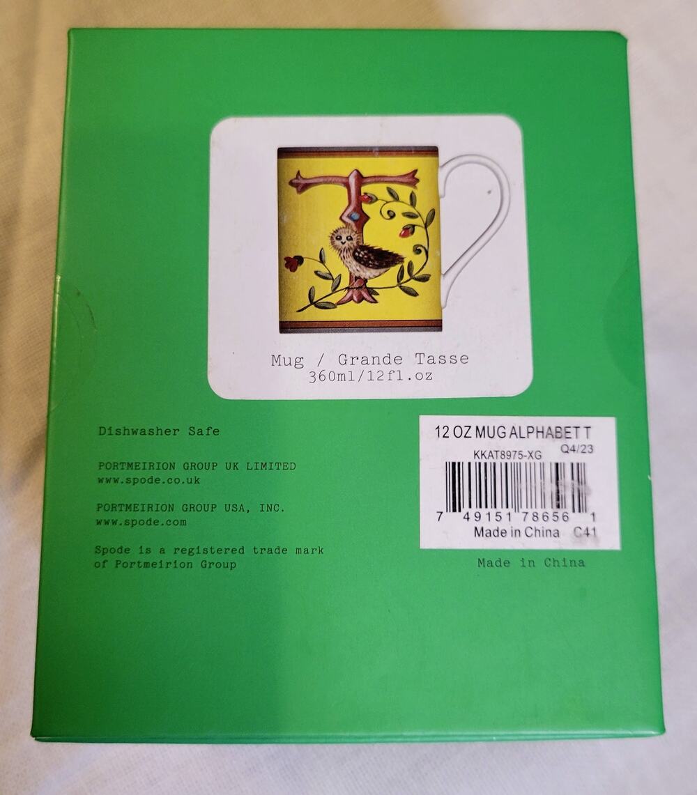 NIB Spode Kit Kemp Alphabet Monogram Mug Letter T Owl Fine China Gift Box